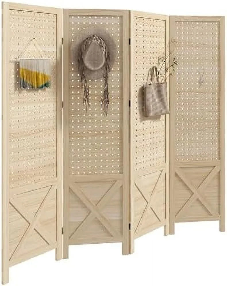 CHFBC 4-Panel Pegboard Room Divider 4.7' Tall Natural