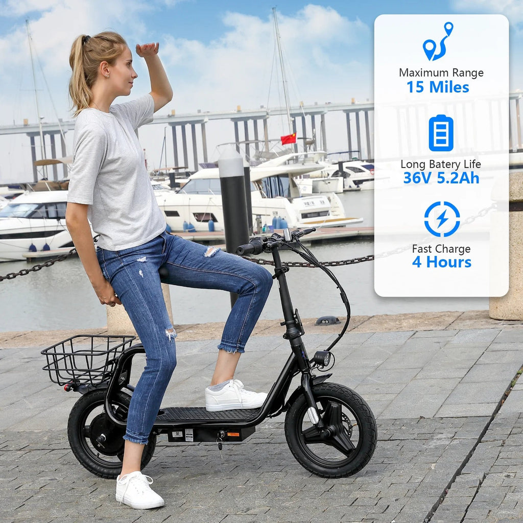 SANOPY Electric Scooter With Seat for Adults, 350W, 15 Miles, 20 Mph, 36V 5.2Ah, 14 inch Tire - Black