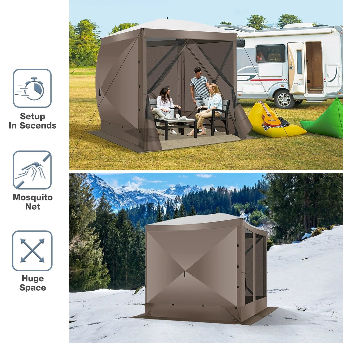 Hoteel Outdoor Pop-Up Gazebo Screen House 6x6ft With 4 Sidewalls And Mosquito Netting - Brown