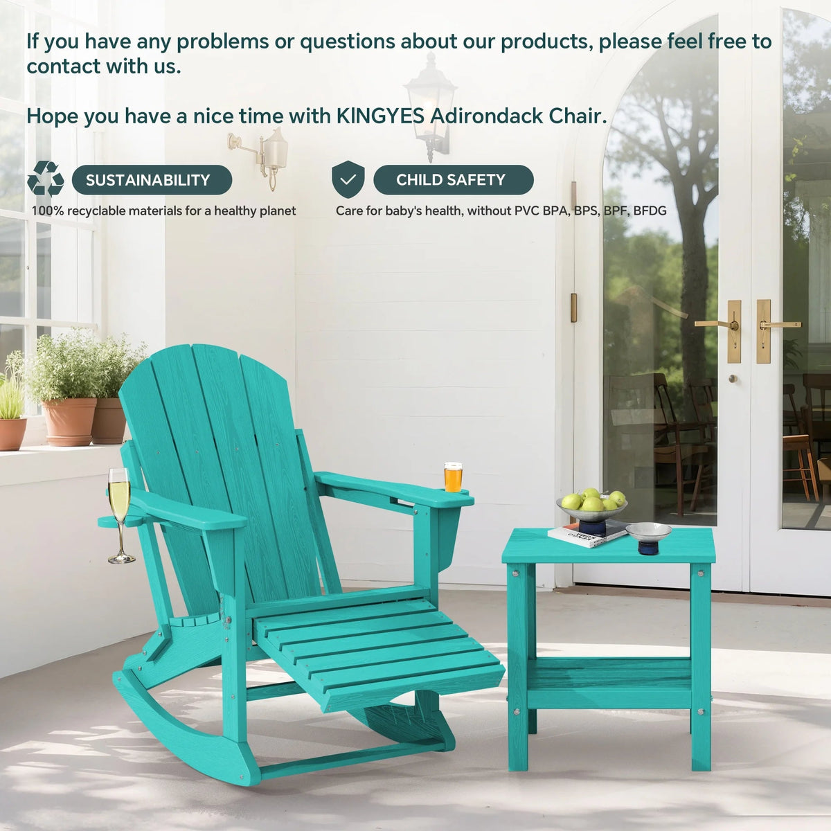 KINGYES Folding Adirondack Rocker Chair Set Of 2 With Footrest And Dual Cup Holders - Black