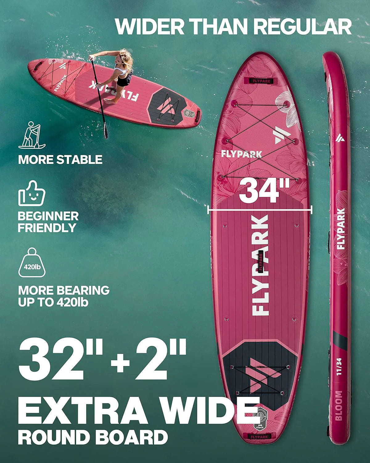 Flypark Inflatable Paddleboard, 11-inch x 34-inch, 420 Pounds Capacity, 15 D-Rings