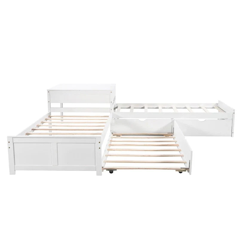 White Twin Size L-Shaped Platform Bed With Trundle And 2 Drawers