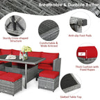 7-Piece Rattan Patio Dining Set With 3 Corner Chairs, 3 Ottomans And Table
