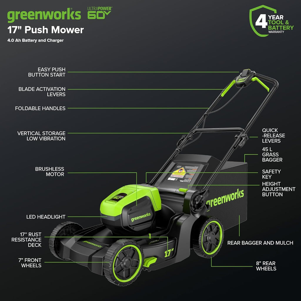 Greenworks Cordless Push Lawn Mower 60V 17in 4.0Ah Battery 3A Charger - 60v-17-push-4-0ah