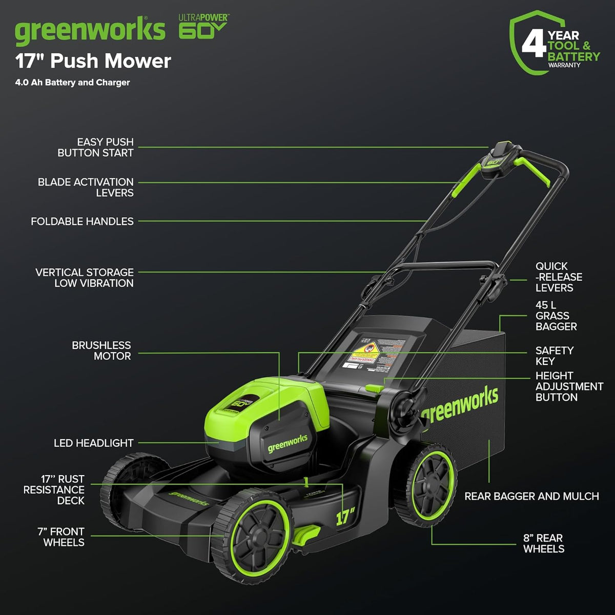 Greenworks Cordless Push Lawn Mower 60V 17in 4.0Ah Battery 3A Charger - 60v-17-push-4-0ah