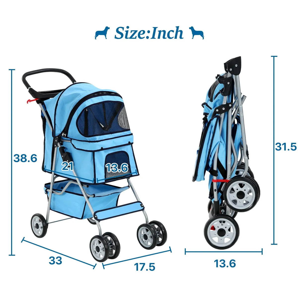 Dkelincs Folding Pet Stroller With Cup Holder And Storage Basket, Blue - 35 lbs