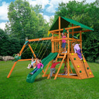 DIY Wooden Outdoor Playset With Tarp Roof, Rock Wall, Wave Slide, 3 Swings - Outing III