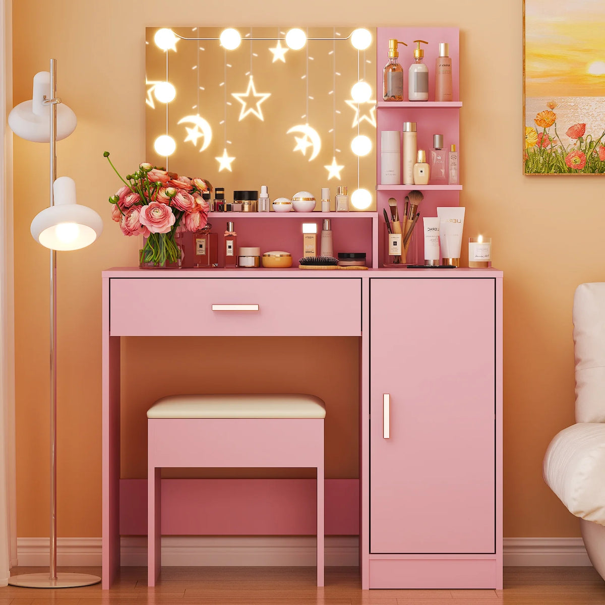 Ktaxon Vanity Makeup Table With Stool, 3-Color Lighted Mirror, 3 Shelves, Drawers, White - 35.43 x 15.55 x 29.53-53.27 in