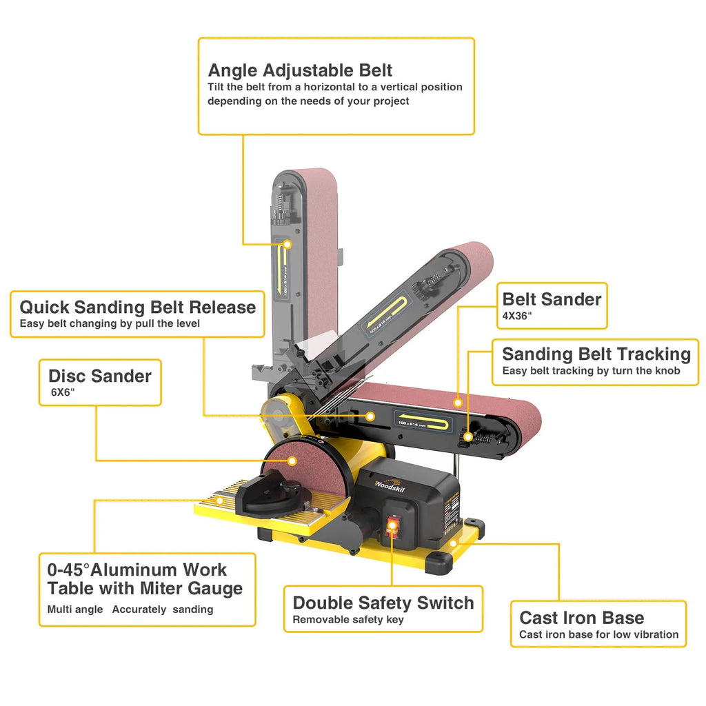Woodskil Belt And Disc Sander, 4 x 36 in Belt, 6 in Disc, 4.3A