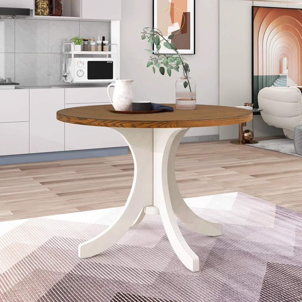Llinc Store 5-Piece Round Dining Table Set For 4 With Upholstered Chairs, Walnut Table/Beige Chairs