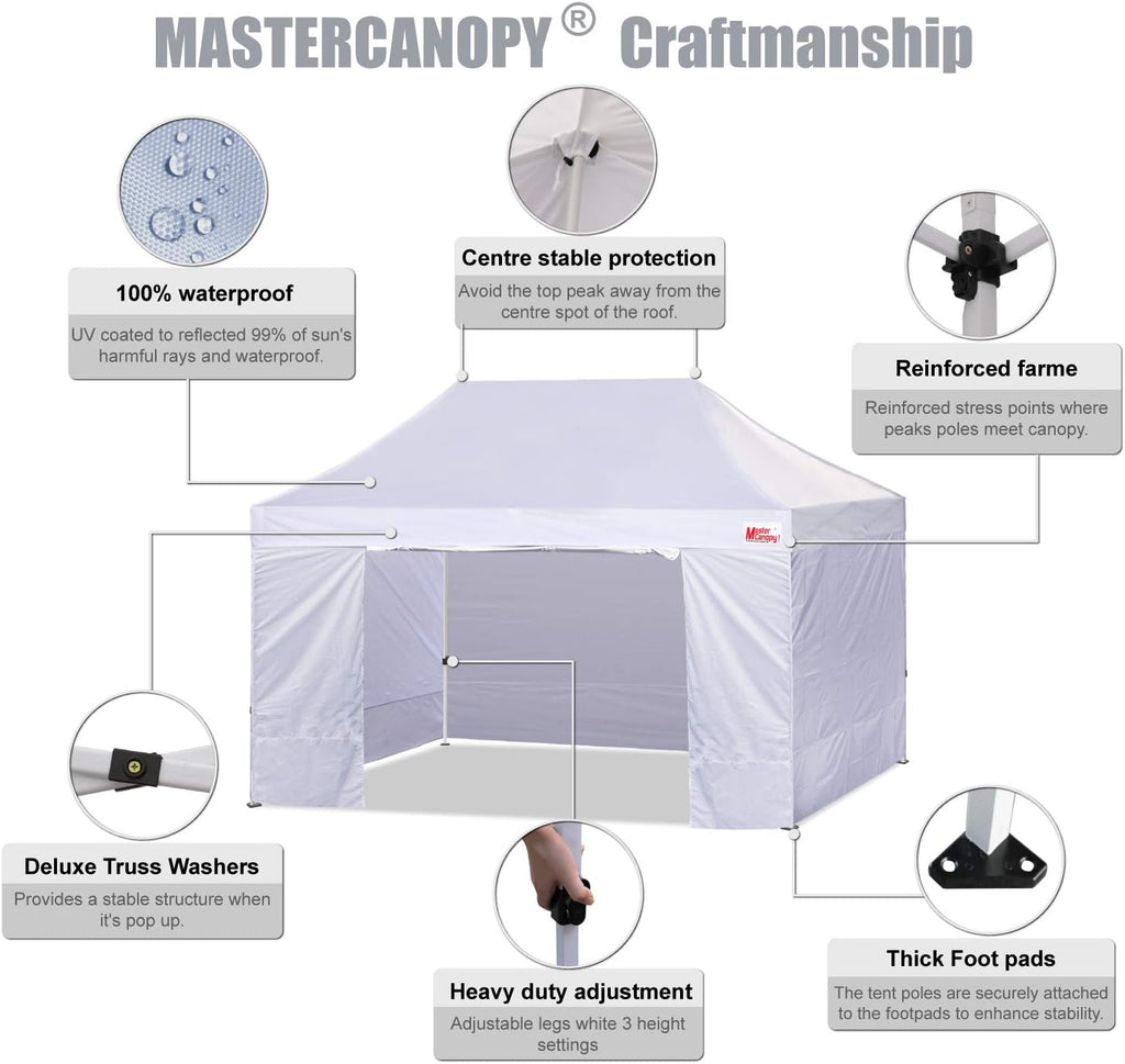 MASTERCANOPY Heavy Duty Pop-Up Canopy Tent With Sidewalls, 10x15 White - PKG