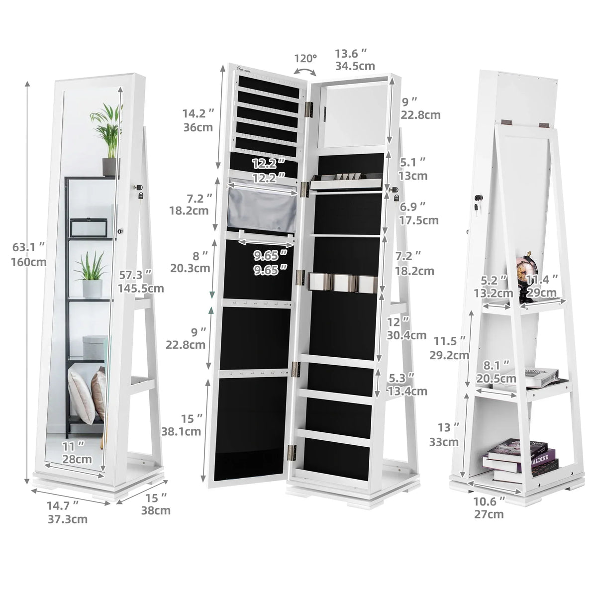 Dextrus Rotating Jewelry Armoire With Full Length Mirror, White