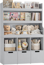HITHOS Kids Bookshelf With Toy Storage Organizer, 55.3in H x 39.2in W, 3 Movable Storage Bins