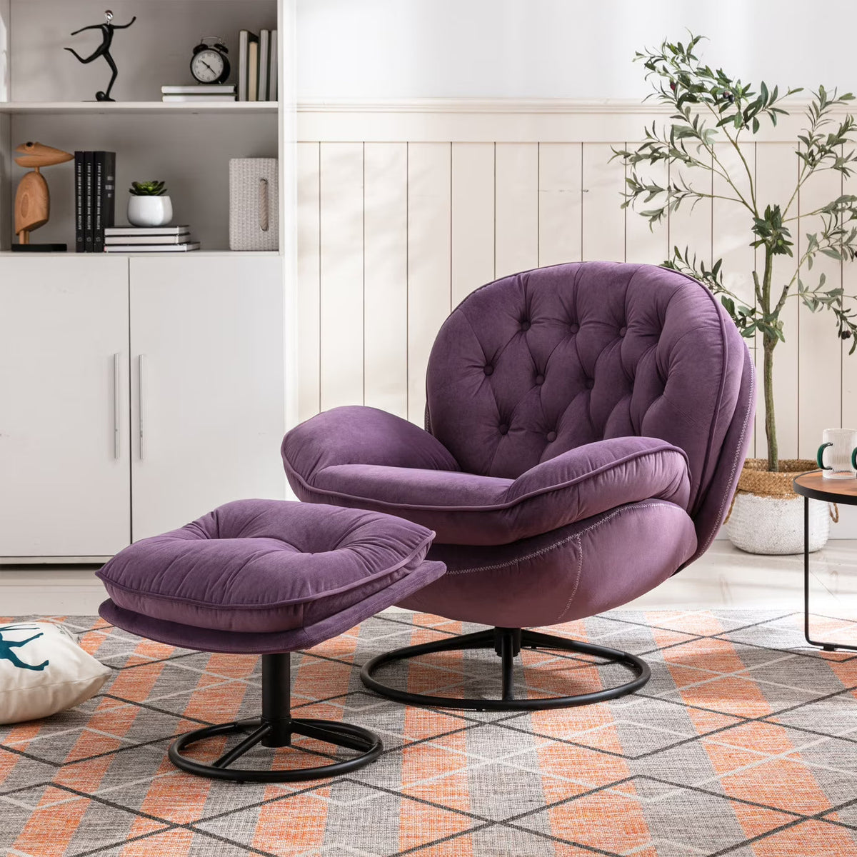 Velvet Swivel Accent Chair With Ottoman Set, Pink, 31.73 x 33.5 x 33.78 Inches