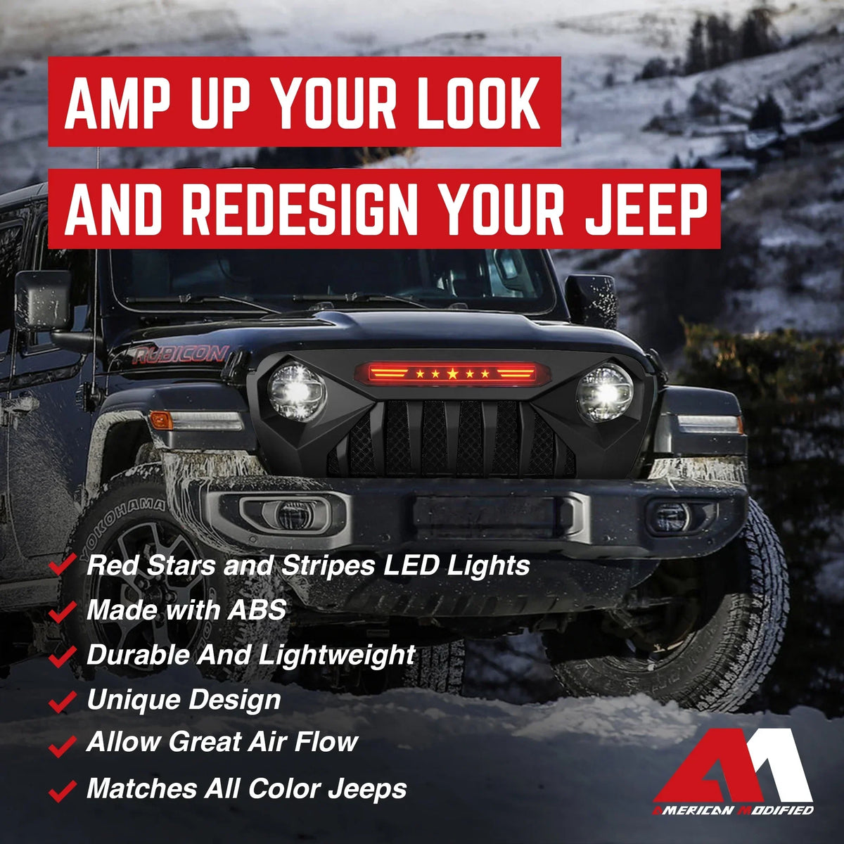 AMERICAN MODIFIED Demon Grille With Red Lights For 18-21 Wrangler/Gladiator