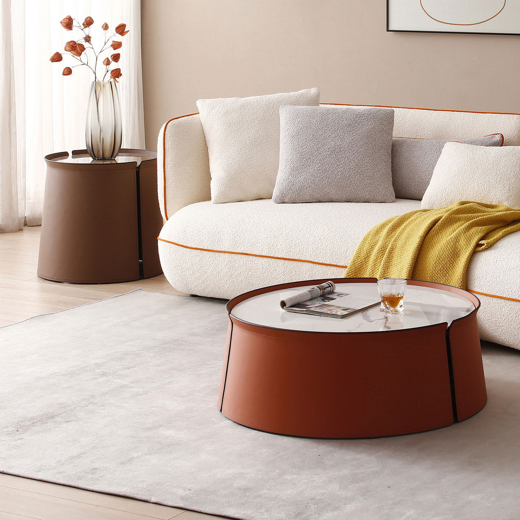 Coffee Table, 31.5 Inch Marble Top, Orange Saddle Leather Body, Iron Frame