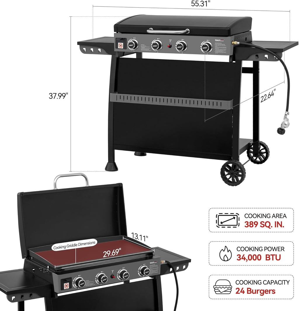 Royal Gourmet 30-Inch 4-Burner Propane Gas Griddle With Convertible Cart And Hood - PD4001
