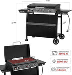 Royal Gourmet 30-Inch 4-Burner Propane Gas Griddle With Convertible Cart And Hood - PD4001