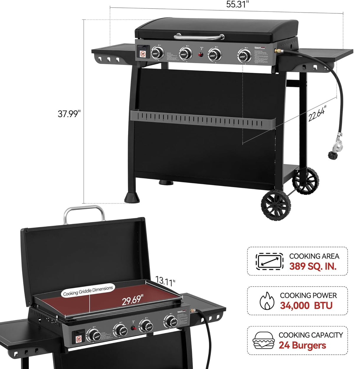 Royal Gourmet 30-Inch 4-Burner Propane Gas Griddle With Convertible Cart And Hood - PD4001