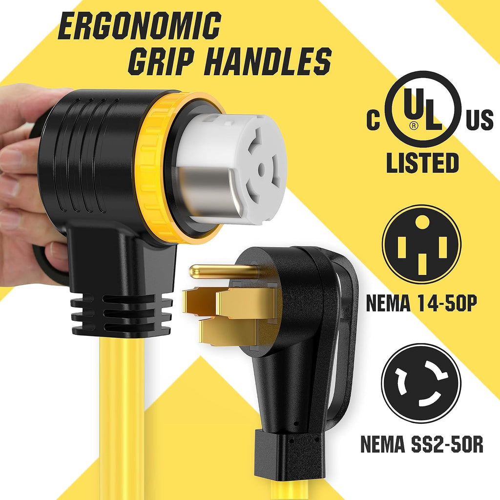 50 Feet 50 Amp RV/Generator Cord, 6/3+8/1 Gauge STW Wire - NEMA 14-50P To SS2-50R
