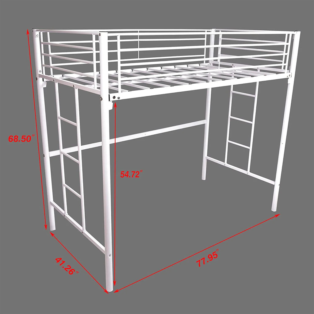 Metal Twin Loft Bed For Kids With Ladders And Safety Guard Rails - White