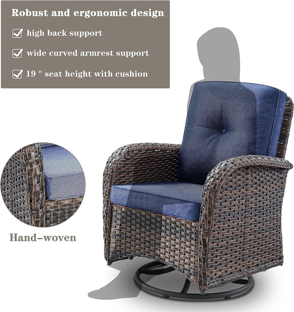 Belord 3-Piece Patio Swivel Rocking Chair Set With Side Table - Brown/Blue