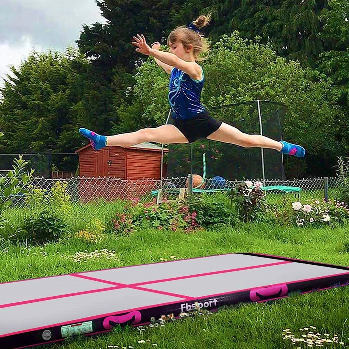 FBSPORT Inflatable Air Gymnastics Mat, 16ft, 4 Inches Thick, Black Green - With Pump