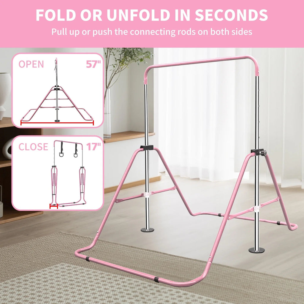 Expandable Gymnastics Bar For Kids, Folding, Height Adjustable 35-51 in, Pink