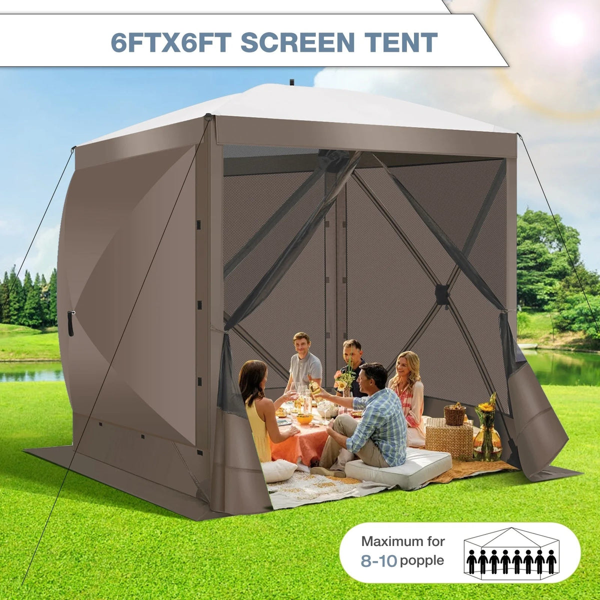 Hoteel Outdoor Pop-Up Gazebo Screen House 6x6ft With 4 Sidewalls And Mosquito Netting - Brown
