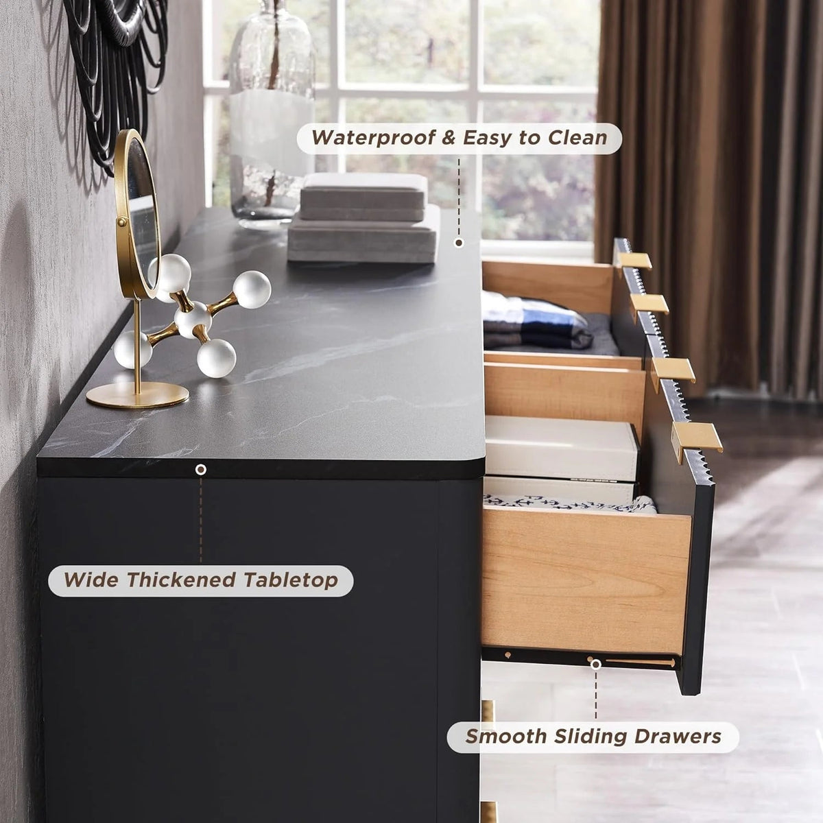 OKD 6-Drawer Dresser With Faux Marble Top, Natural Oak, 16in D x 54in W x 32in H