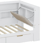 Ivery Furniture L-Shaped Wooden Twin/Full Daybed With Desk, Bookcase, Drawers And RGB Light - Natural/White