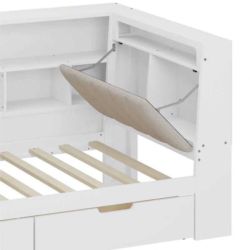 Ivery Furniture L-Shaped Wooden Twin/Full Daybed With Desk, Bookcase, Drawers And RGB Light - Natural/White