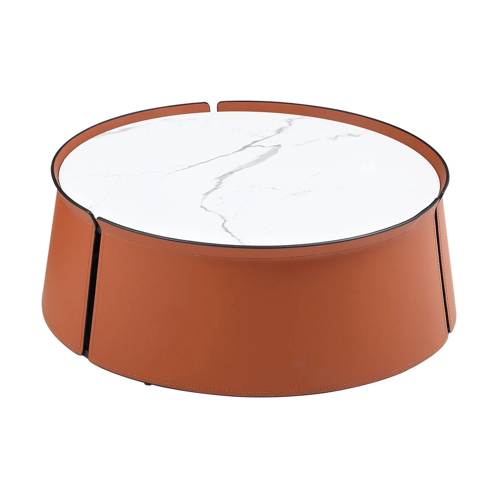 Coffee Table, 31.5 Inch Marble Top, Orange Saddle Leather Body, Iron Frame