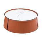 Coffee Table, 31.5 Inch Marble Top, Orange Saddle Leather Body, Iron Frame