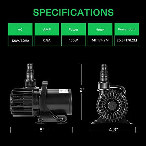 VIVOSUN Submersible Water Pump 1600 GPH 100W - Pond And Aquarium