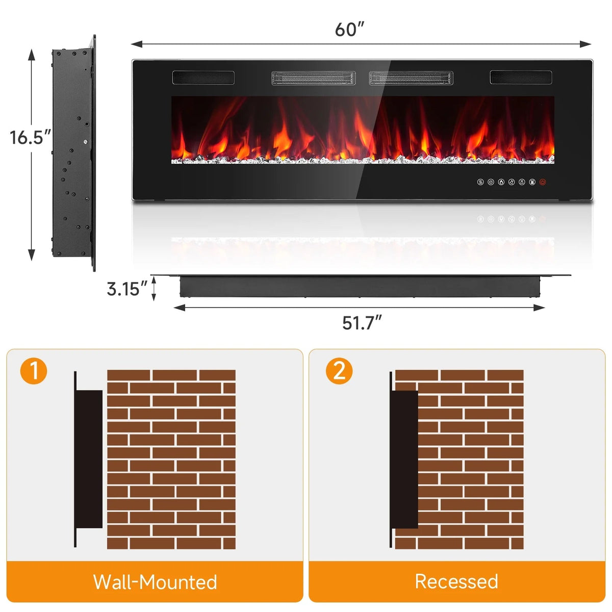 Dovov Wall Mounted Electric Fireplace Heater, 50 inch, Black, 750/1500W