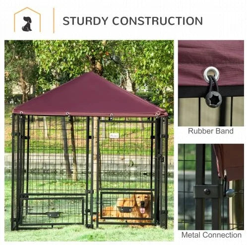 Outdoor Dog Kennel With Rotating Bowl Holders, 5 ft x 5 ft x 5 ft, Black And Red
