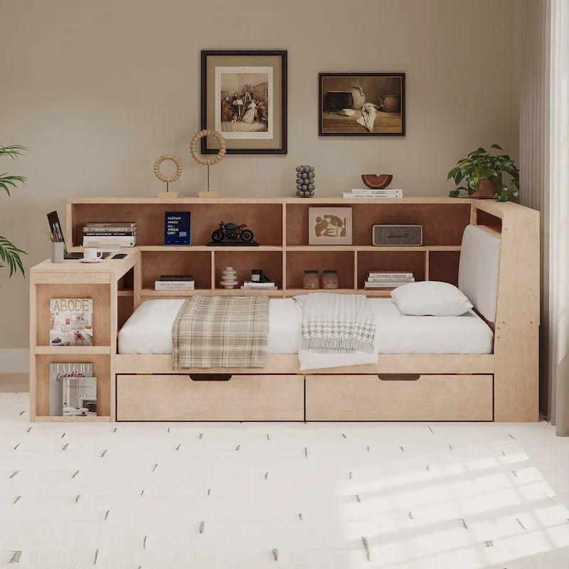 Ivery Furniture L-Shaped Wooden Twin/Full Daybed With Desk, Bookcase, Drawers And RGB Light - Natural/White