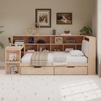 Ivery Furniture L-Shaped Wooden Twin/Full Daybed With Desk, Bookcase, Drawers And RGB Light - Natural/White