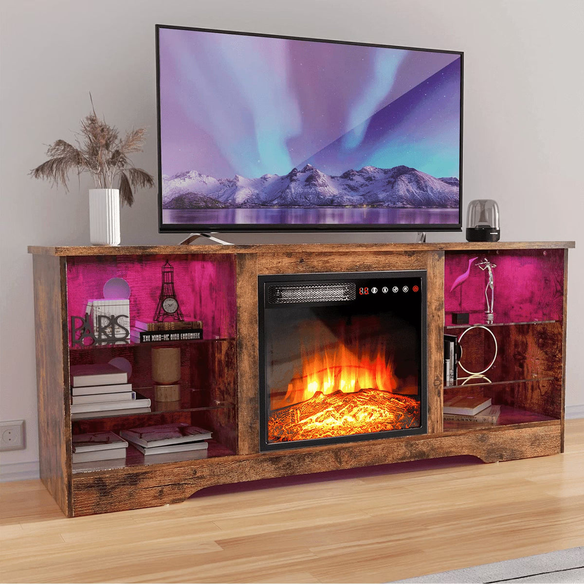 Waleaf TV Stand With 18 in Electric Fireplace And Adjustable Glass Shelves - TVs Up To 65 inch