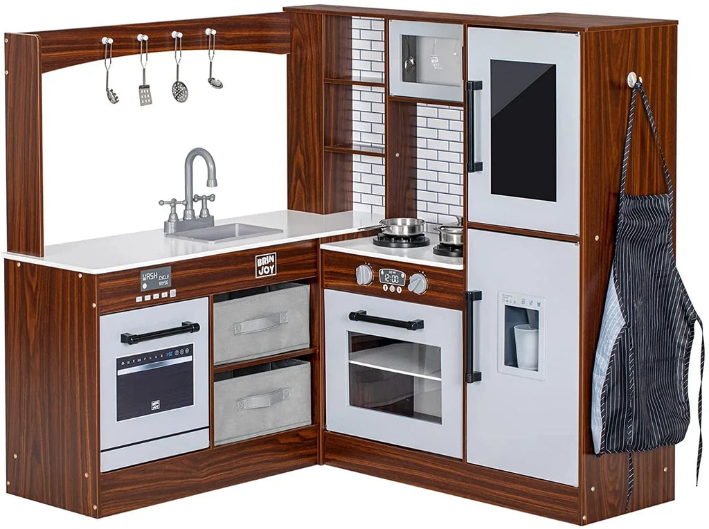 BRINJOY Corner Wooden Kids Play Kitchen With Faucet, Sink, Microwave, Oven, Apron, Blackboard, Sound And Light