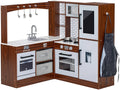 BRINJOY Corner Wooden Kids Play Kitchen With Faucet, Sink, Microwave, Oven, Apron, Blackboard, Sound And Light