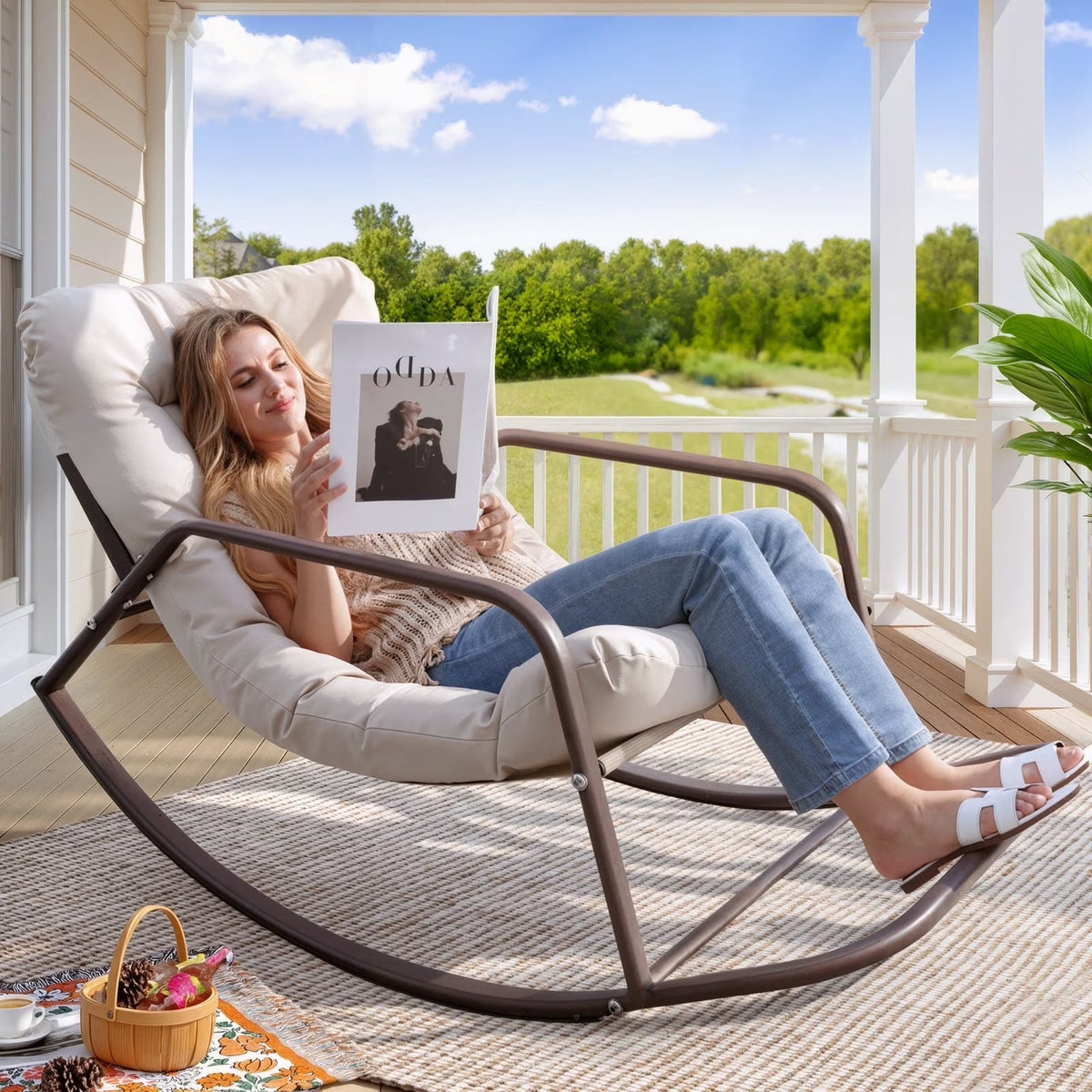 RADIATA Oversized Wicker Papasan Rocking Recliner With Footrest, 450 lbs, Beige