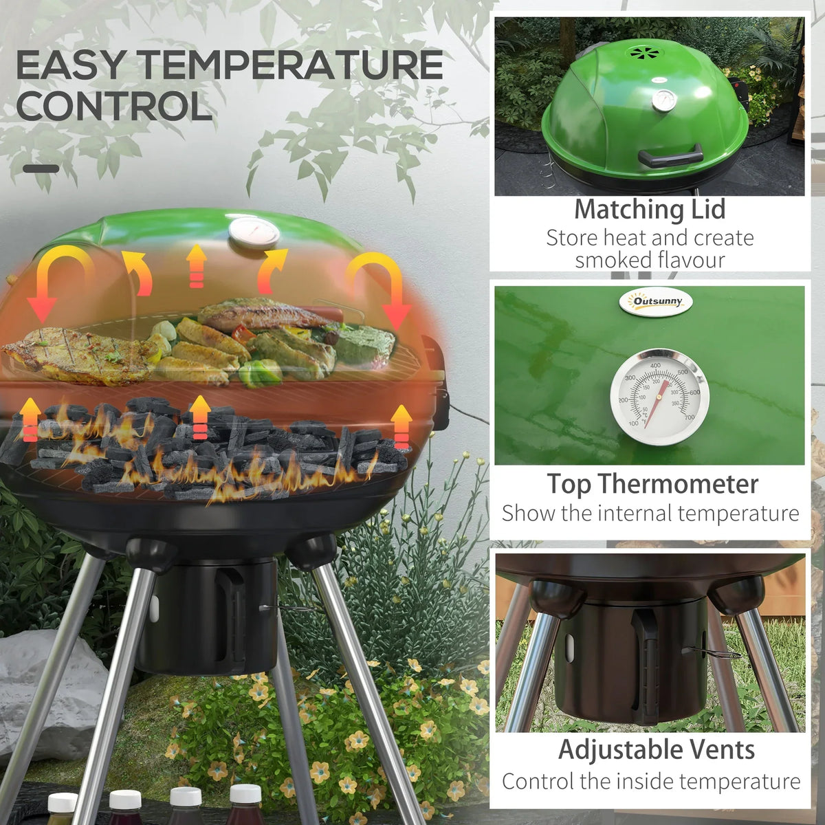 Outsunny 21 Inch Green Kettle Charcoal BBQ Grill With Wheels - 846-142V00GN