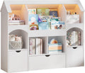 Halitaa Kids Castle Bookshelf With Toy Storage, 3 Drawers, LED Lights, White, 49.2in W x 13.1in D x 40.2in H