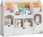 Halitaa Kids Castle Bookshelf With Toy Storage, 3 Drawers, LED Lights, White, 49.2in W x 13.1in D x 40.2in H