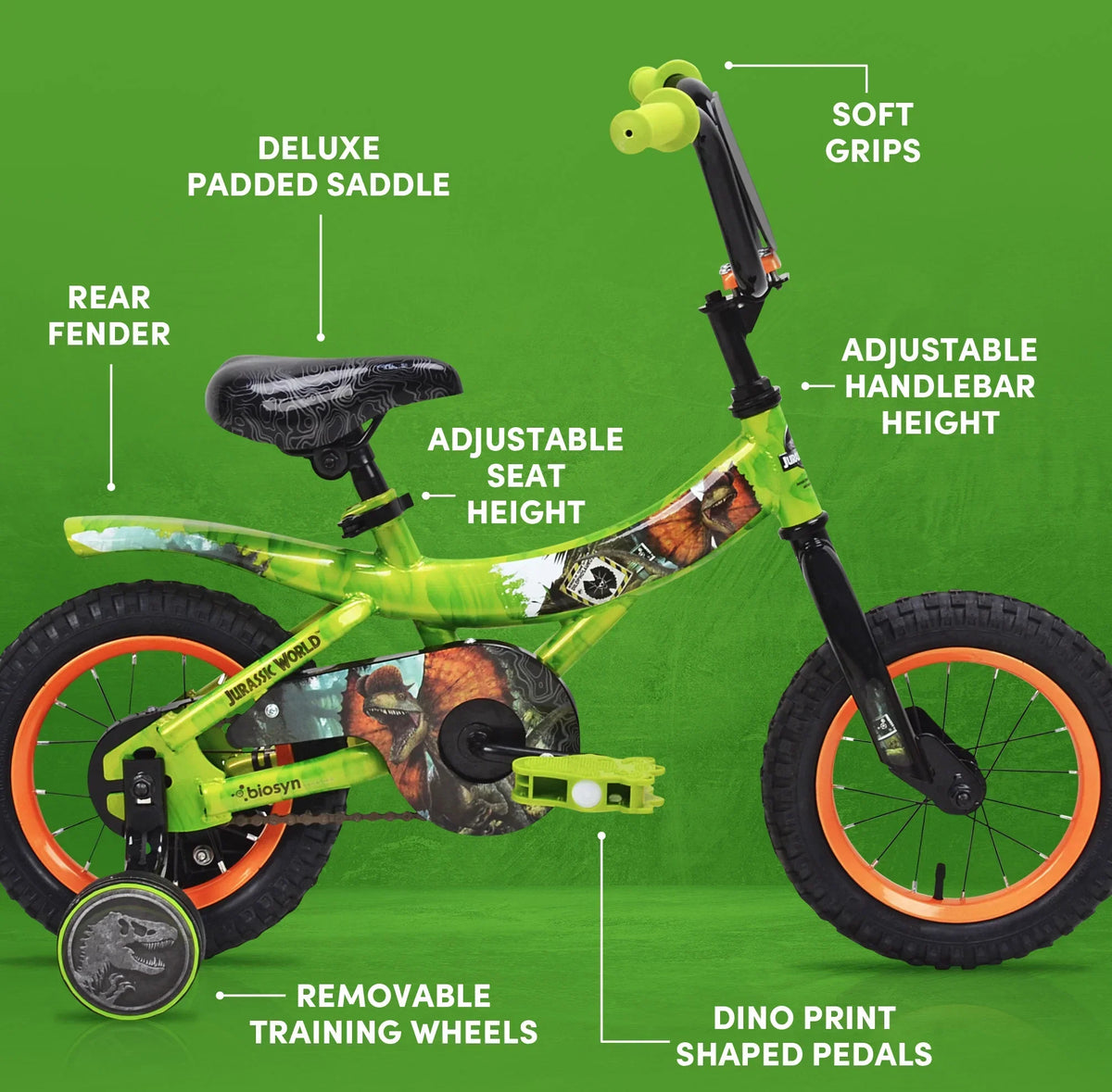 Jurassic World 12-inch Raptor Boys Bicycle With Training Wheels, Green And Orange