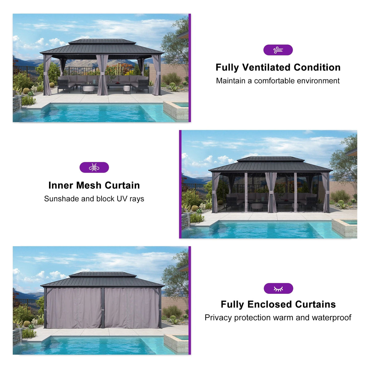 PURPLE LEAF Outdoor Hardtop Gazebo, 8' X 8', Galvanized Steel Double Roof, Aluminum Frame, Grey
