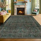 Vintage Floral Washable Area Rug, 10x14, Dark Green