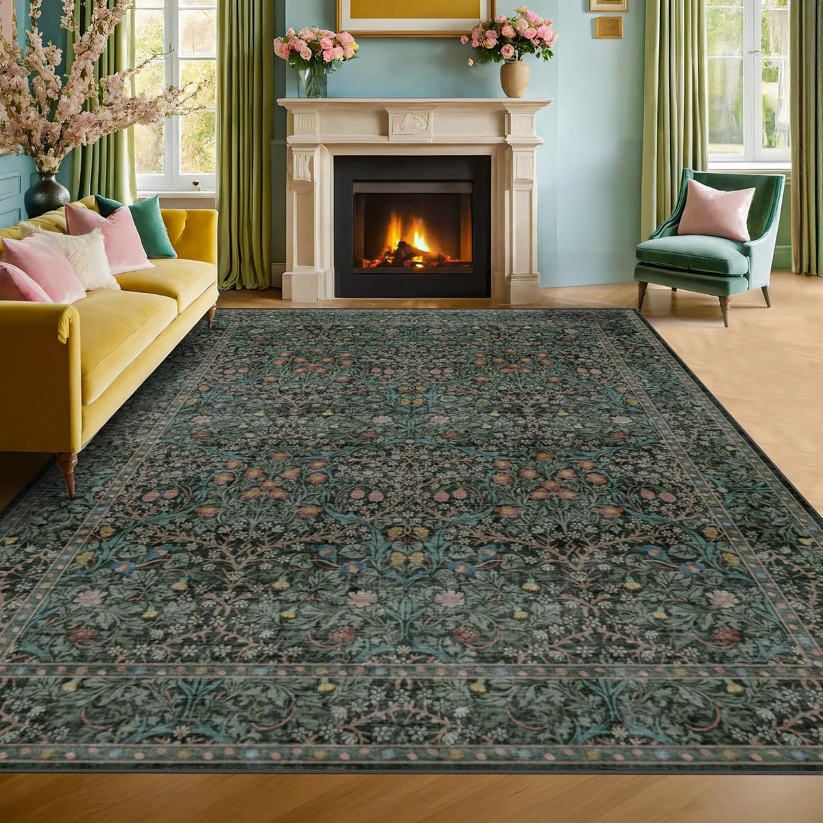 Vintage Floral Washable Area Rug, 10x14, Dark Green